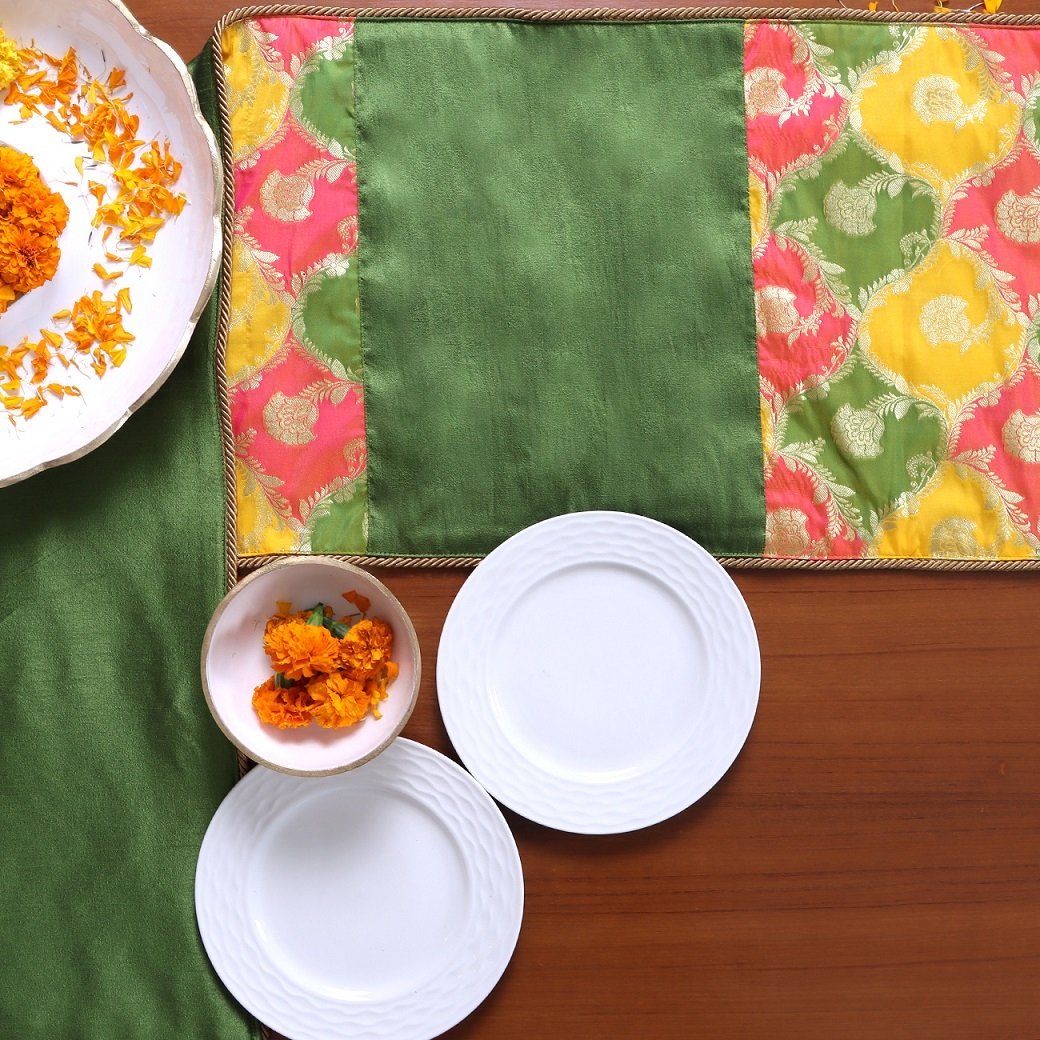 Khin-Khwabeeda Designer Brocade Table Runner (Green, Yellow, Coral) - Image 4