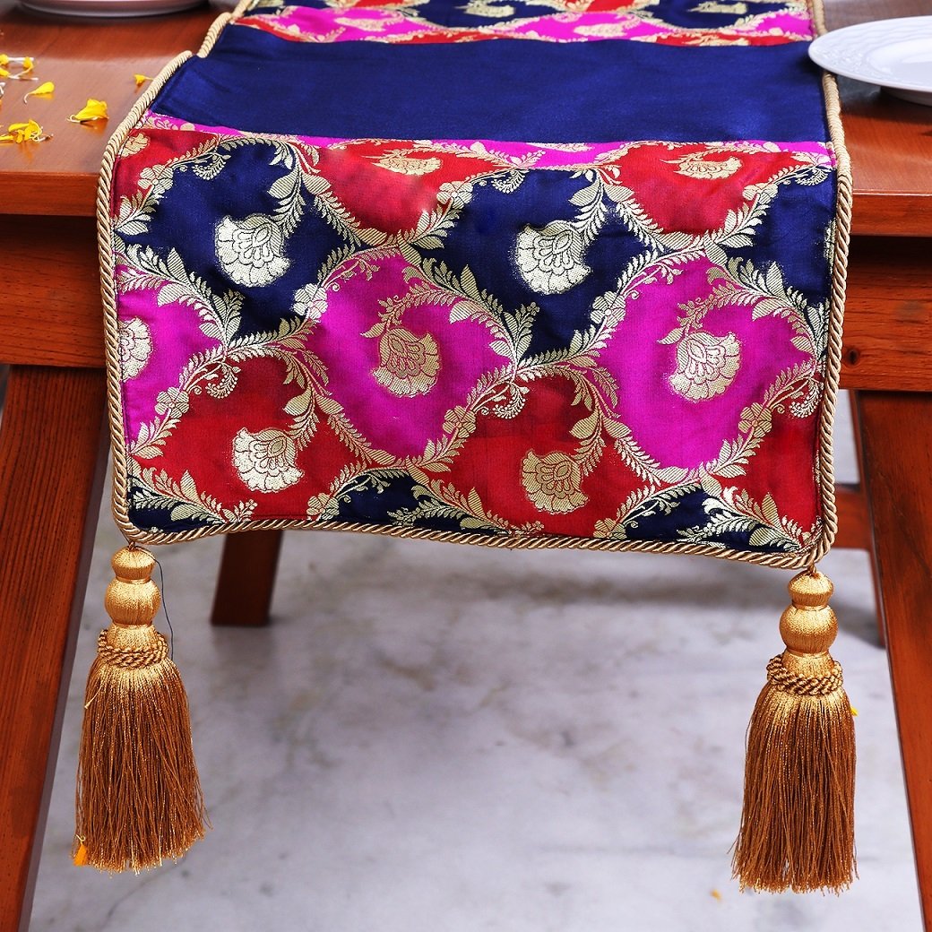 Khin-Khwabeeda Designer Brocade Table Runner (Rust, Blue, Pink) - Image 4