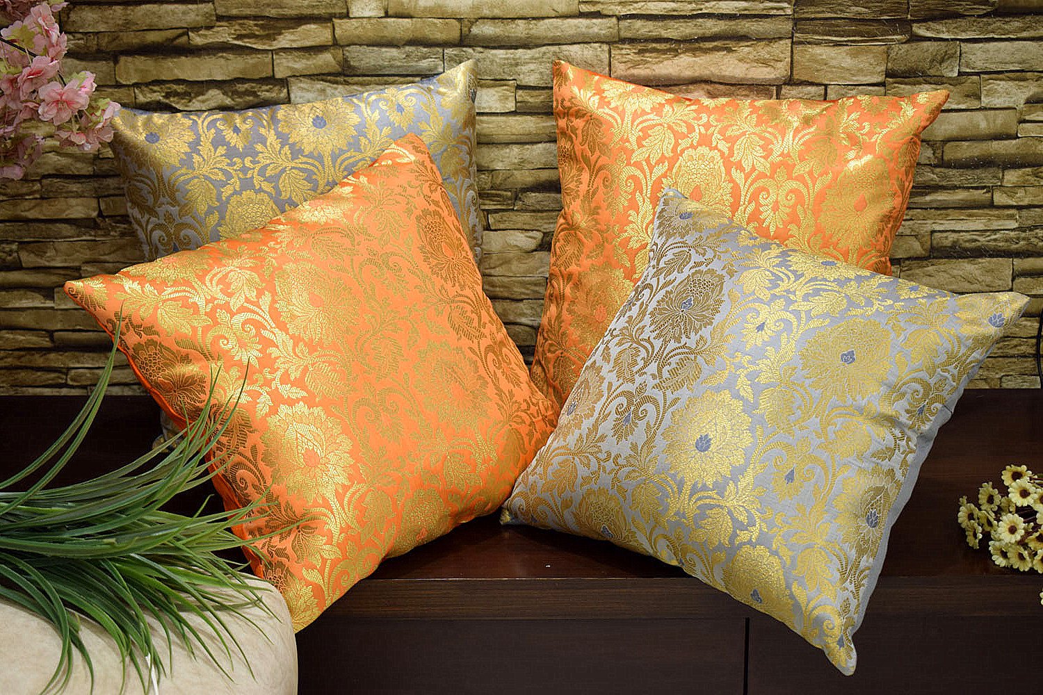 MUGHAL BANARASI Brocade Cushion Covers Combo (Orange & Grey) - Image 5