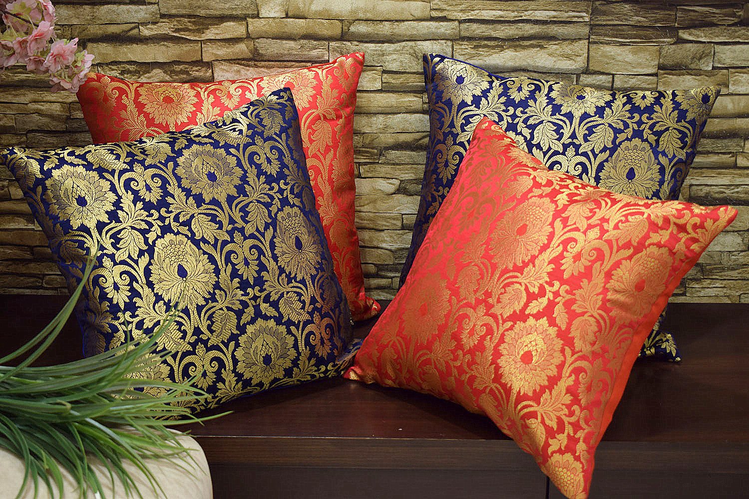 MUGHAL BANARASI Brocade Covers Combo (Blue & Red) - Image 5