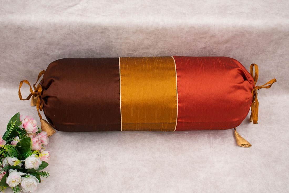 TRI Color Golden Zari Decorative Bolster Covers (Red Brown, Golden Rust, Dark Brown ) - Image 4