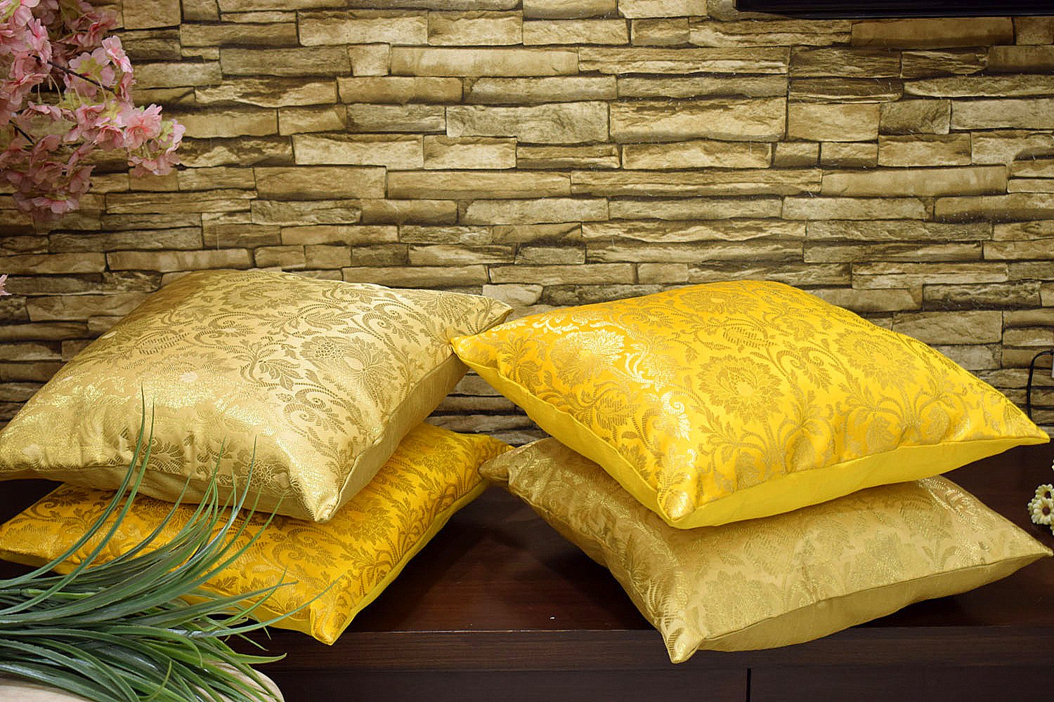 MUGHAL BANARASI Brocade Cushion Covers Combo (Marigold & Yellow) - Image 5