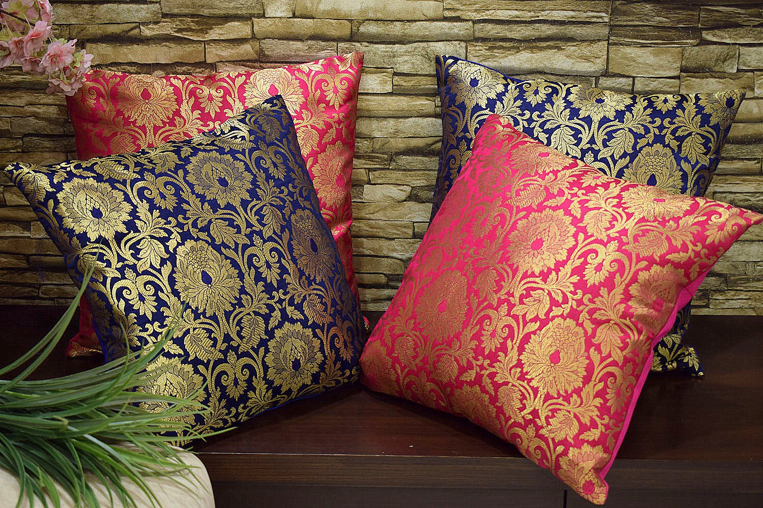 MUGHAL BANARASI Brocade Cushion Covers Combo (Blue & Bougainvillea Pink) - Image 5