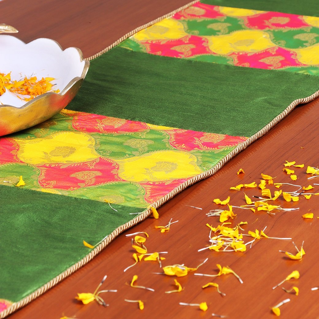 Khin-Khwabeeda Designer Brocade Table Runner (Green, Yellow, Coral) - Image 5