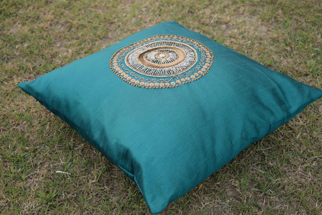 Hand Embroidered Circlet Designer Peacock Green Ethnic Cushion Covers - Image 5