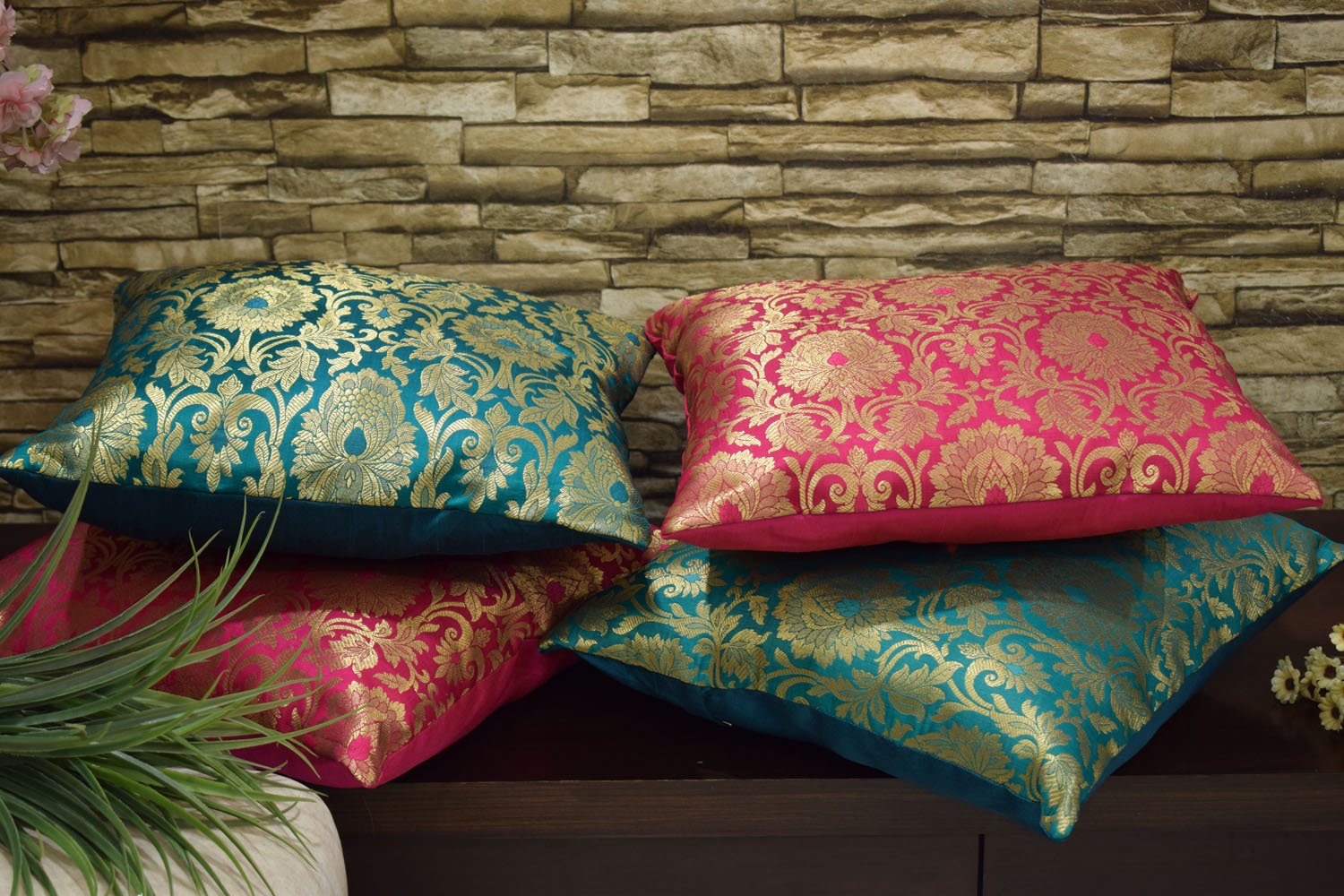 MUGHAL BANARASI Brocade Cushion Covers Combo (Green & Bougainvillea Pink) - Image 5