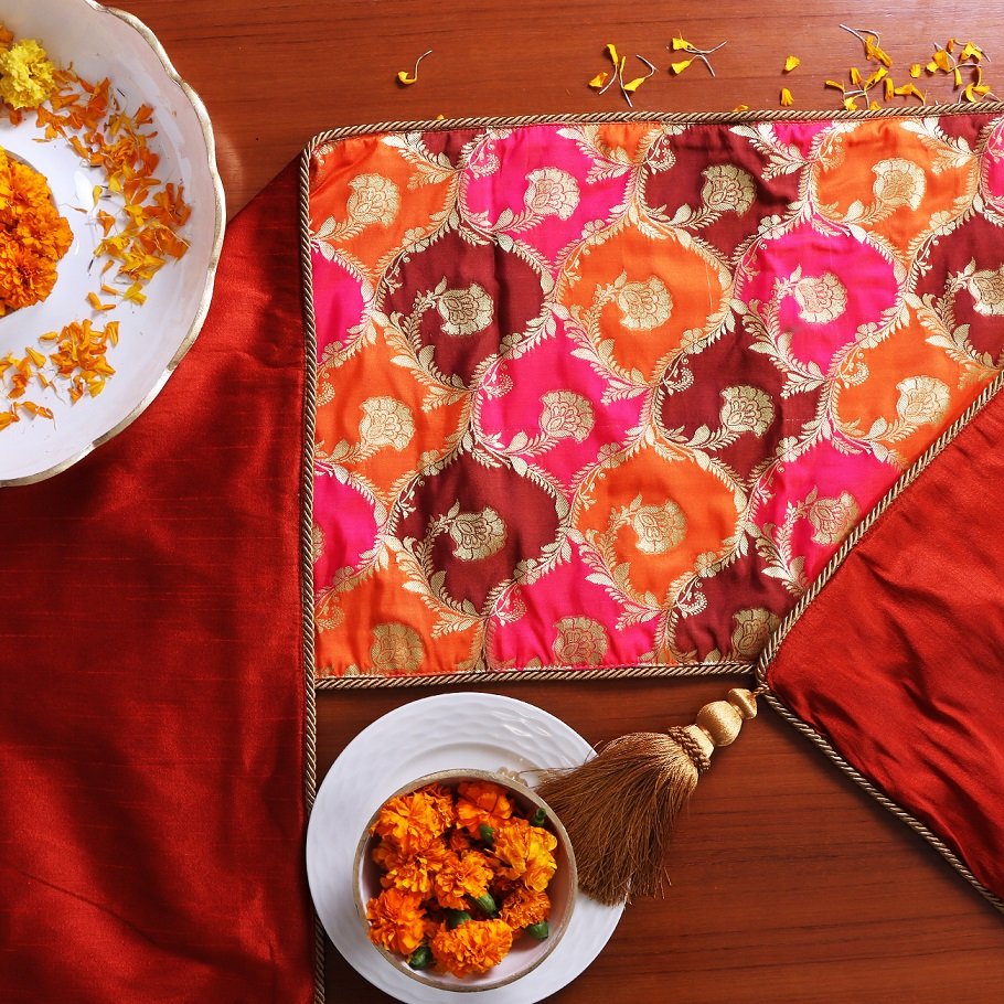 Khin-Khwabeeda Brocade Table Runner (Rust, Orange, Pink) - Image 5