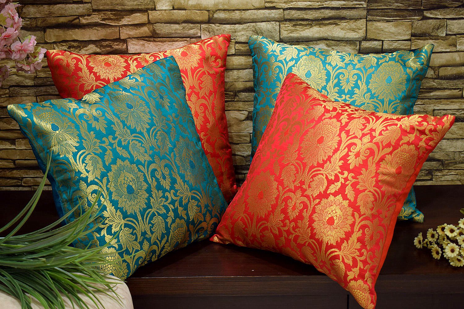 MUGHAL BANARASI Brocade Cushion Covers Combo (Green & Red) - Image 5