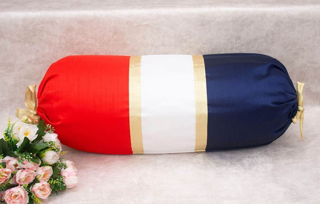 TRI Color Golden Zari Decorative Bolster Covers (Navy, White, Red) - Image 3