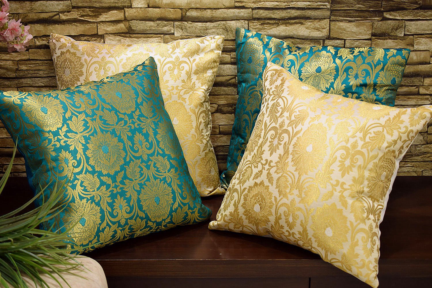 MUGHAL BANARASI Brocade Cushion Covers Combo (Green & White) - Image 5