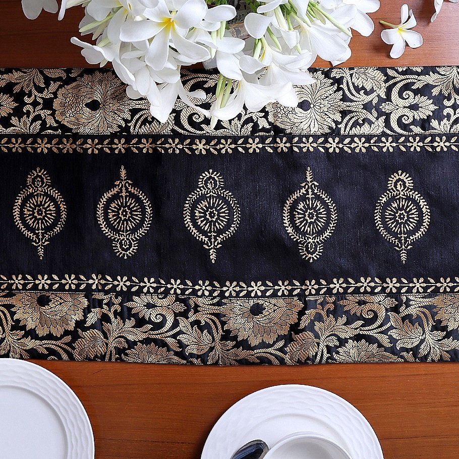 Mughal Banarasi Gardish Block Printed Table Runner - Black - Image 5