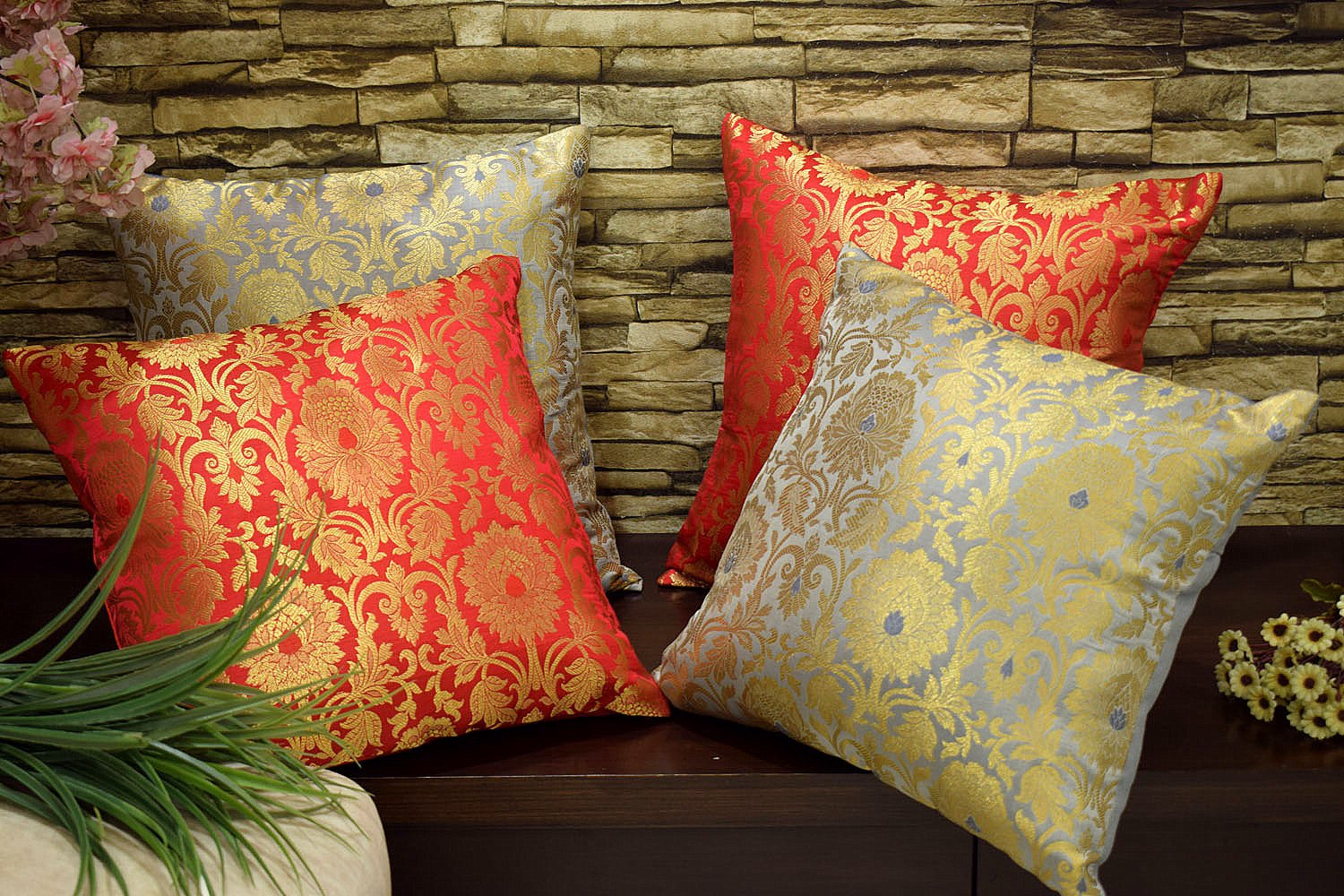 MUGHAL BANARASI Brocade Cushion Covers Combo (Grey & Red) - Image 5