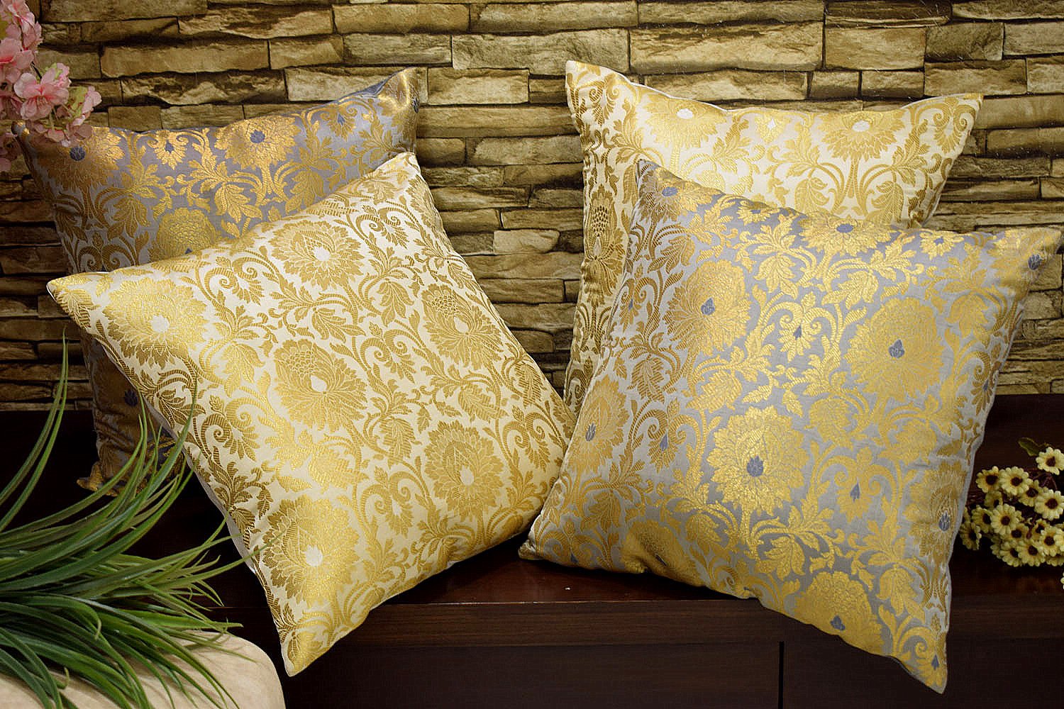 MUGHAL BANARASI Brocade Cushion Covers Combo (Grey & White) - Image 5