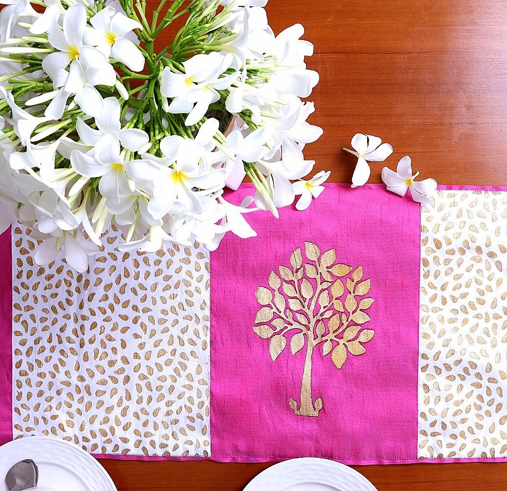 Autumn Bodhi Tree Block Printed Silk Table Runner - Image 5