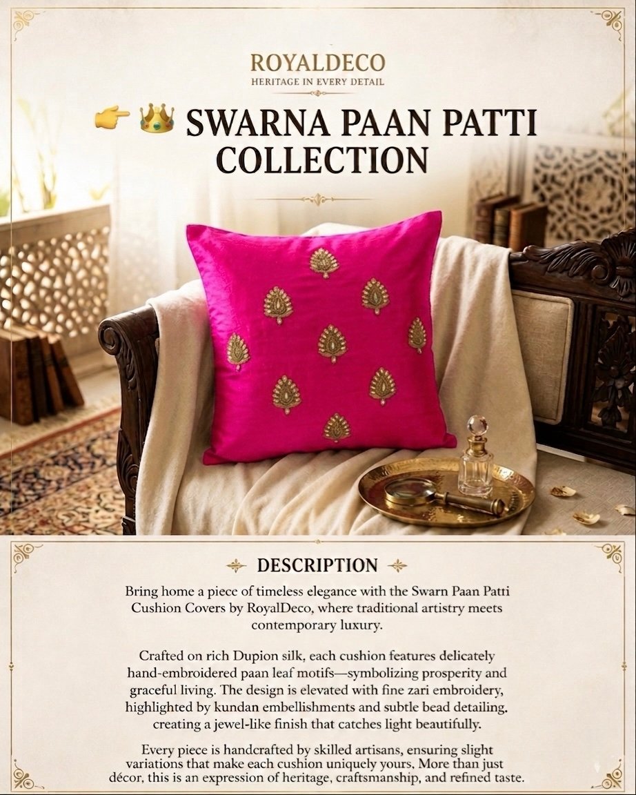 Swarn Paan Patti Beads, Kundan & Zari Hand Embroidery Magenta Cushion Covers - Image 5