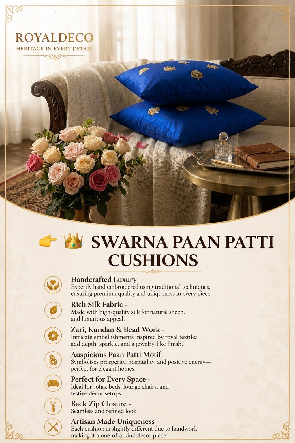 Swarn Paan Patti Beads, Kundan & Zari Hand Embroidery Blue Cushion Covers - Image 4