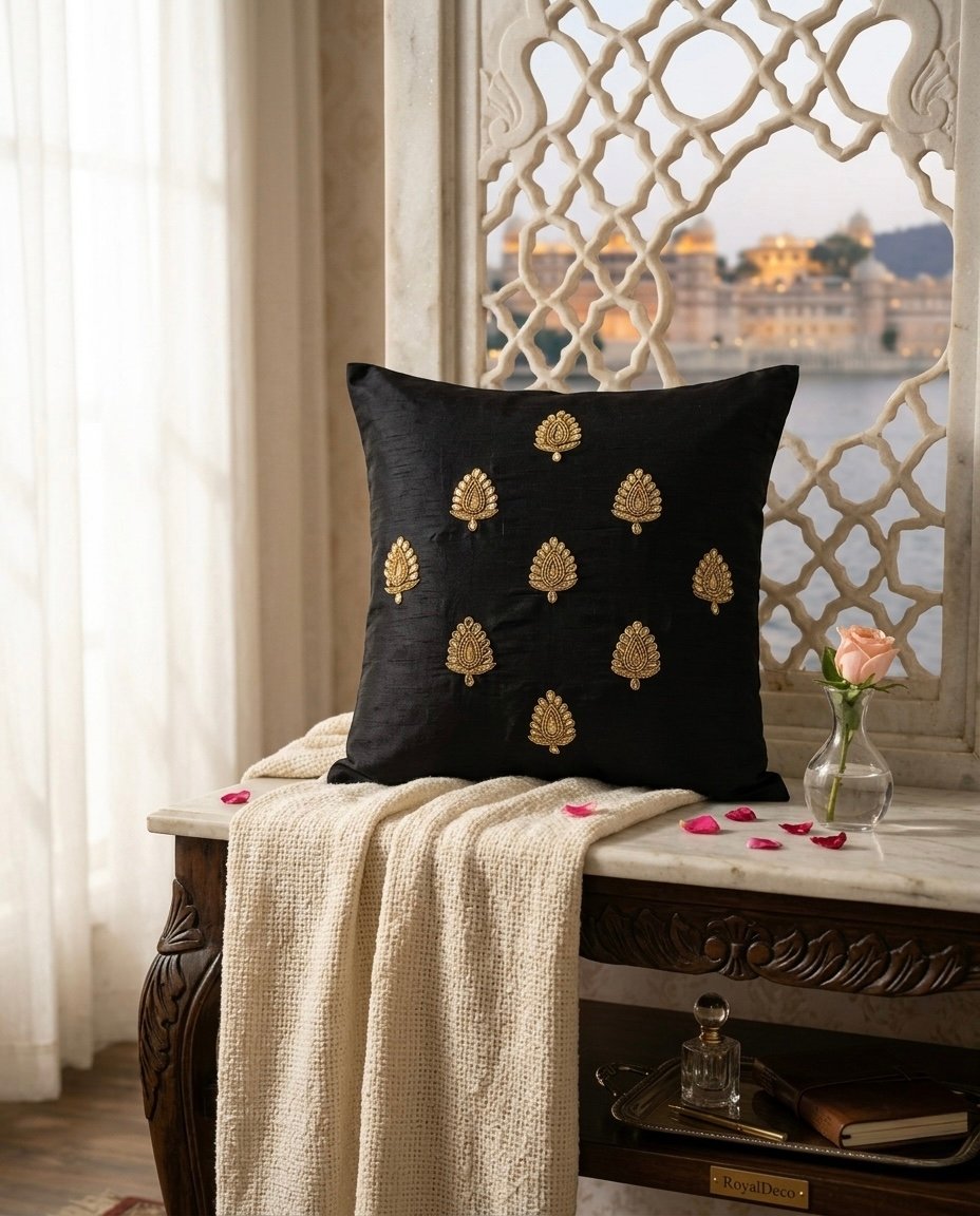 Swarn Paan Patti Beads, Kundan & Zari Hand Embroidery Black Cushion Covers - Image 5