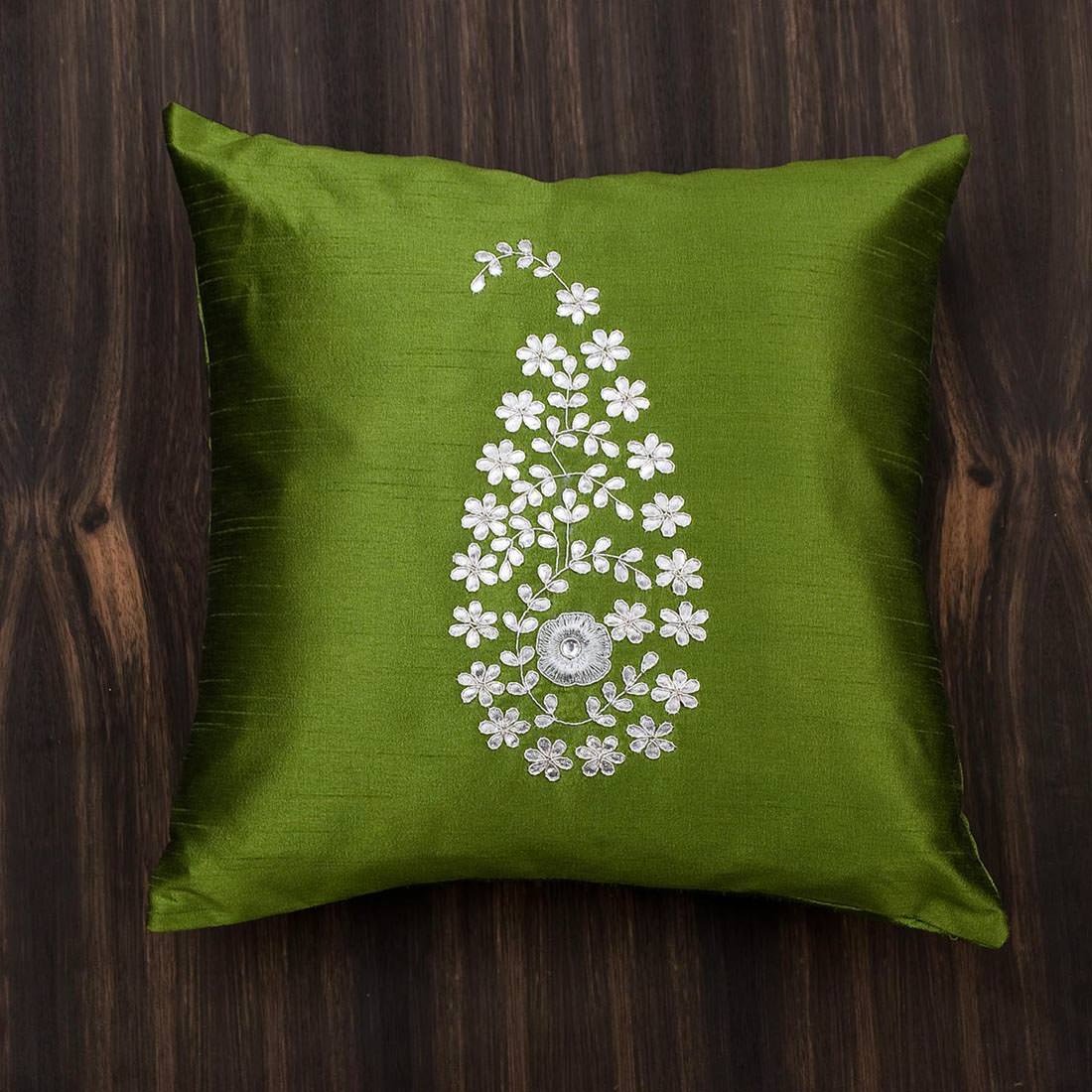 Olive Green & Silver Paisley Gota Patti Hand Embroidery - Image 4