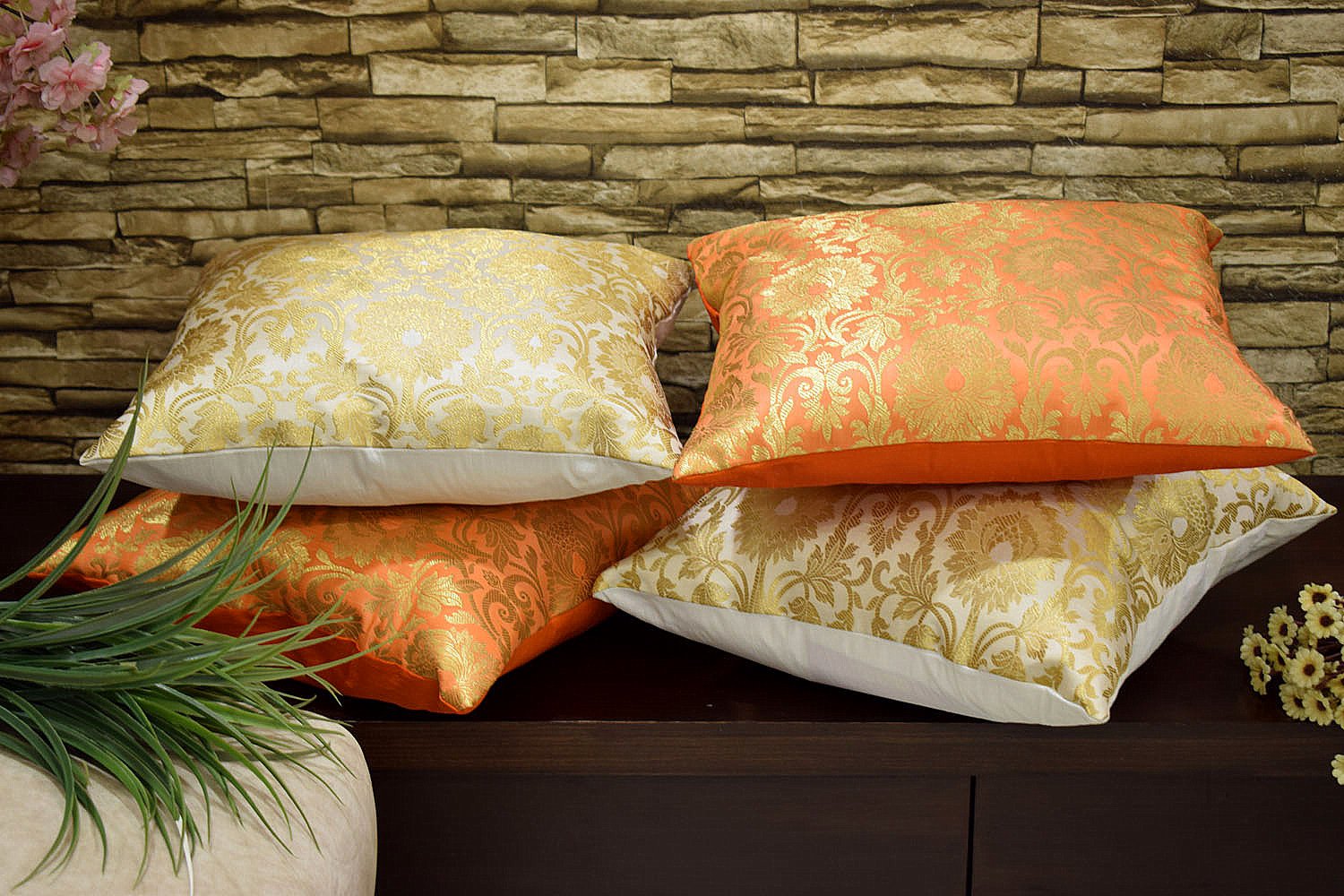 MUGHAL BANARASI Brocade Cushion Covers Combo (Orange & White) - Image 5
