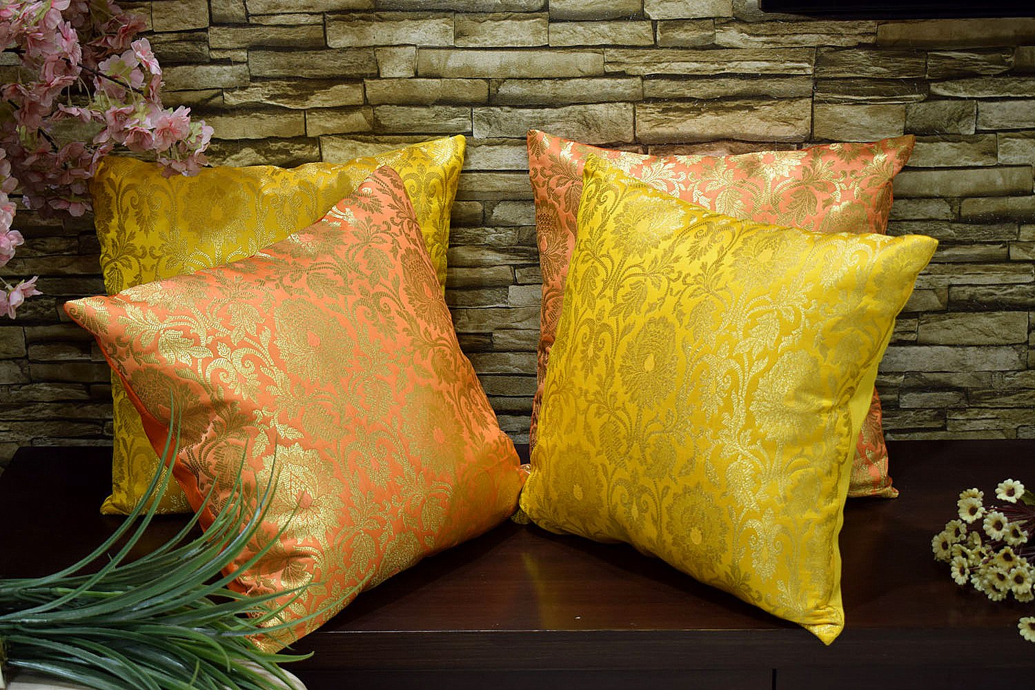 MUGHAL BANARASI Brocade Cushion Covers Combo (Orange & Yellow) - Image 5