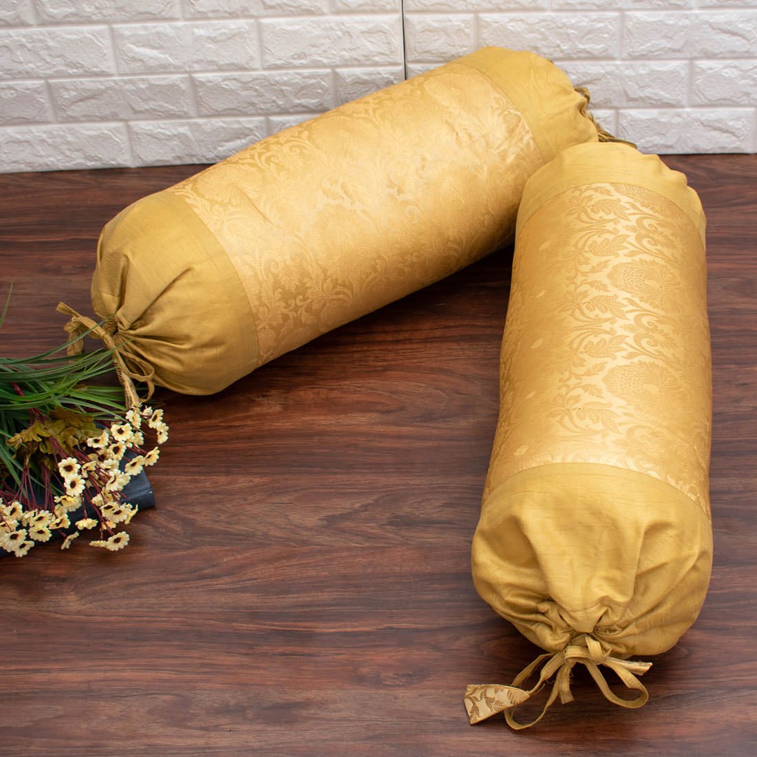 MUGHAL BANARASI Brocade Bolster Covers (Marigold Beige & Golden) - Image 4