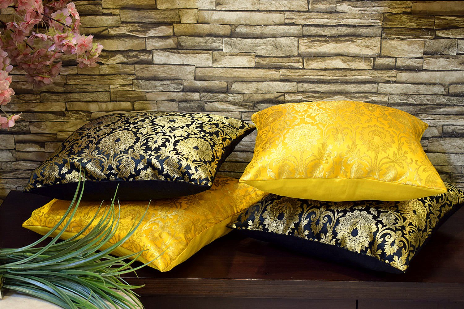 MUGHAL BANARASI Brocade Cushion Covers Combo (Yellow & Black) - Image 5