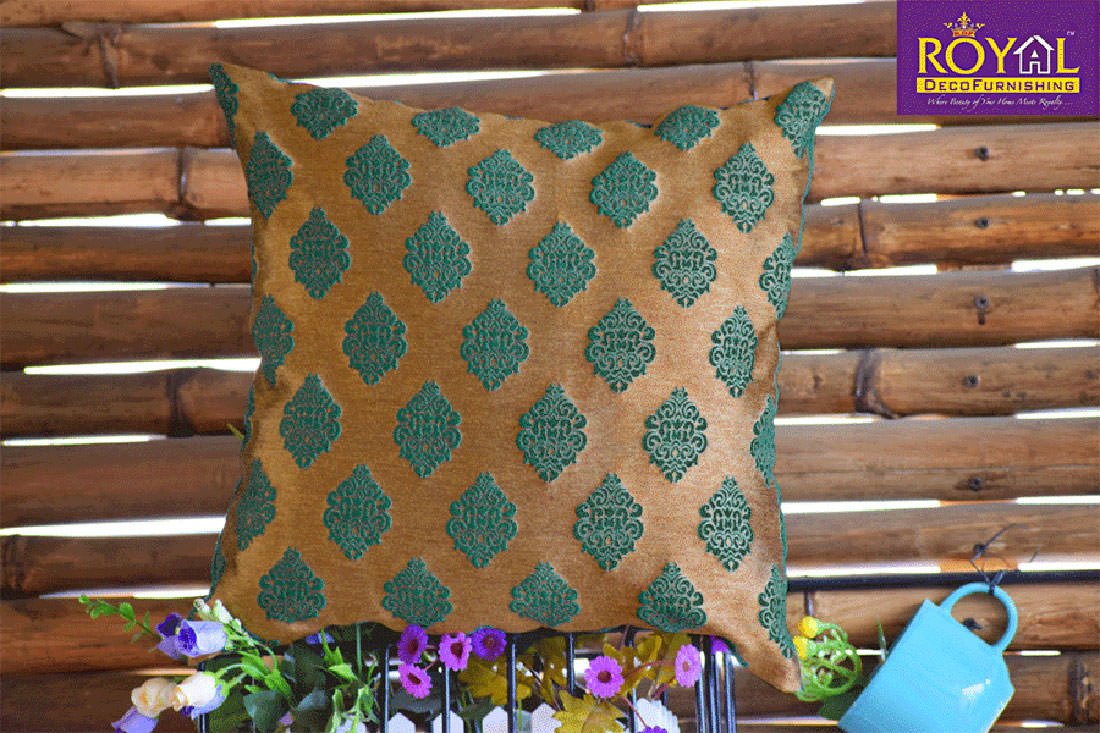 Premium Quality Teal Green & Golden Brown Brocade Embossed Design Cushion Covers - Image 5
