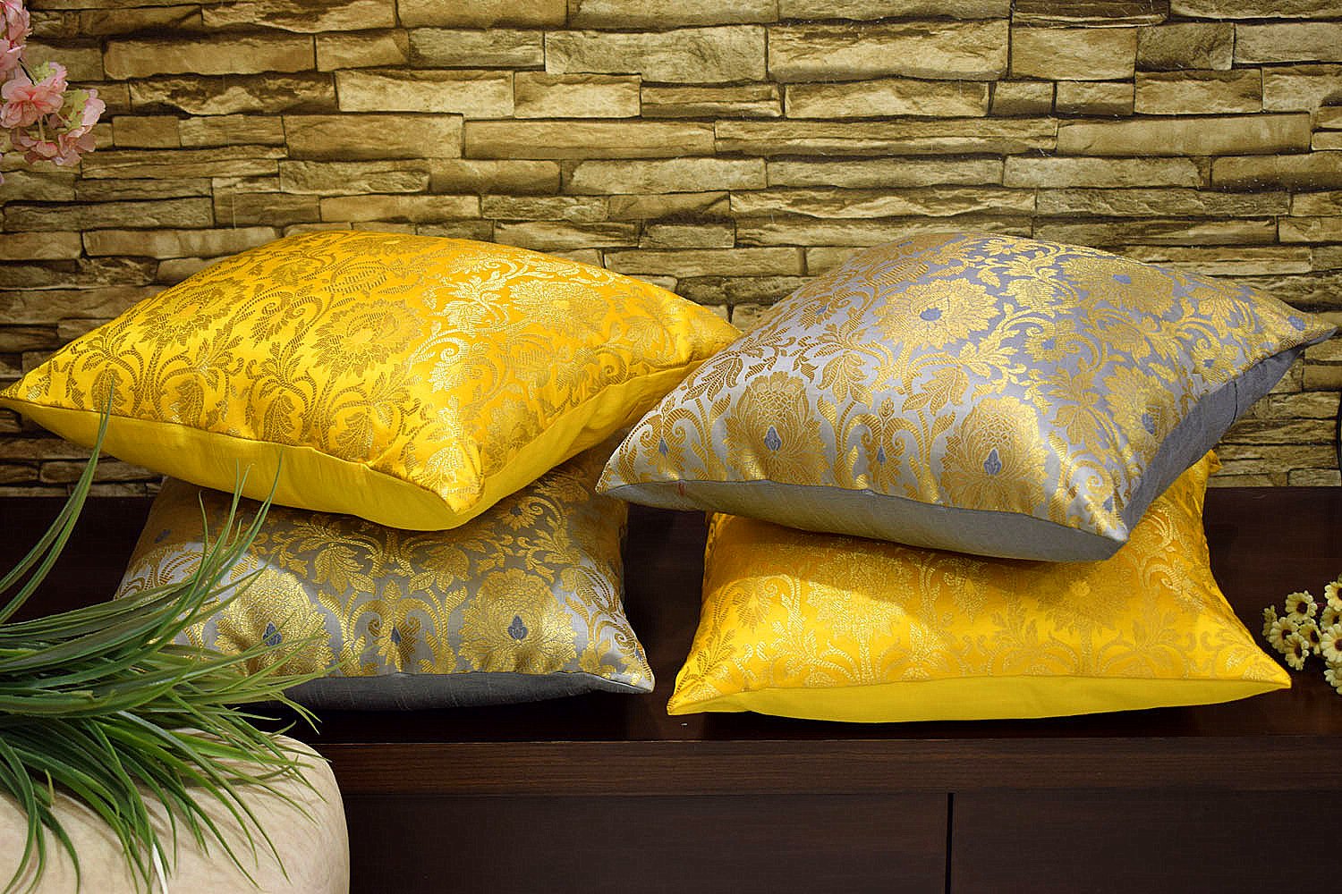 MUGHAL BANARASI Brocade Cushion Covers Combo (Yellow & Grey) - Image 4