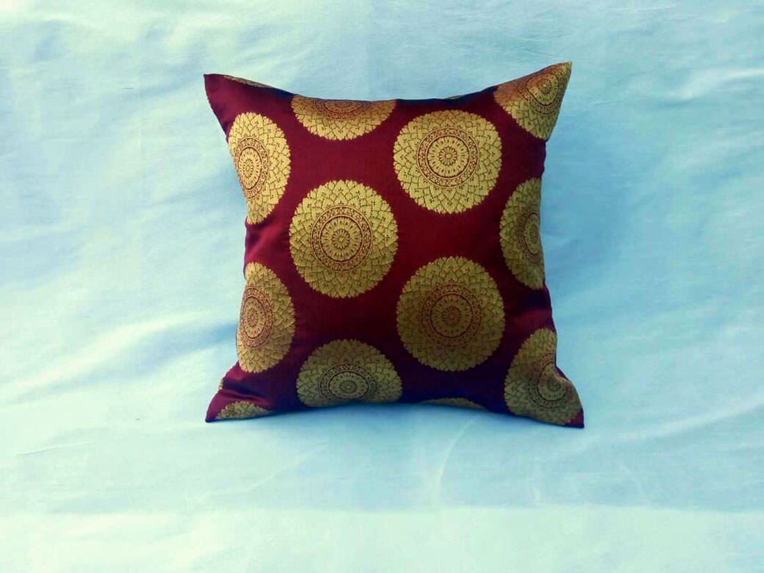 Premium Quality Maroon & Golden Designer Circle Brocade Cushion Covers - Image 4