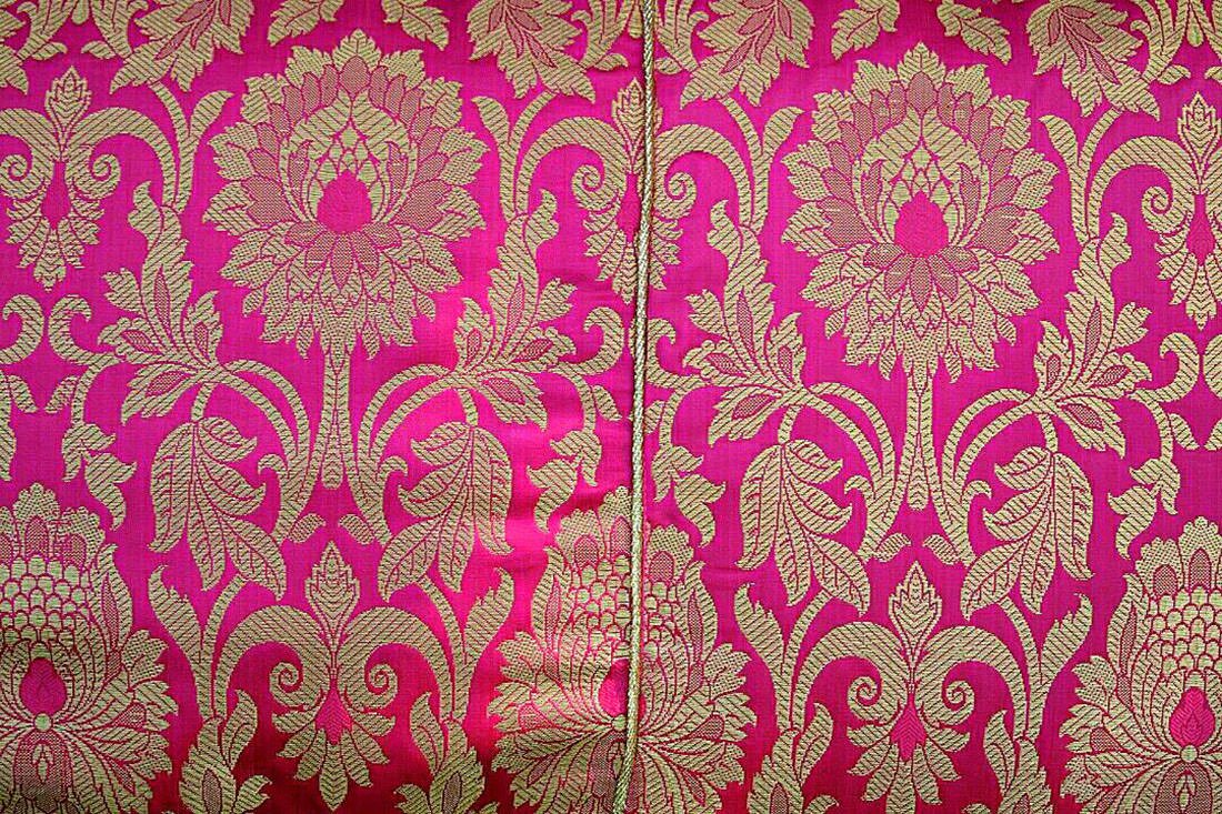 Extra Long Buogainvillea Pink & Golden Mughal Banarasi Brocade Pillow Cover With Filler - Image 5