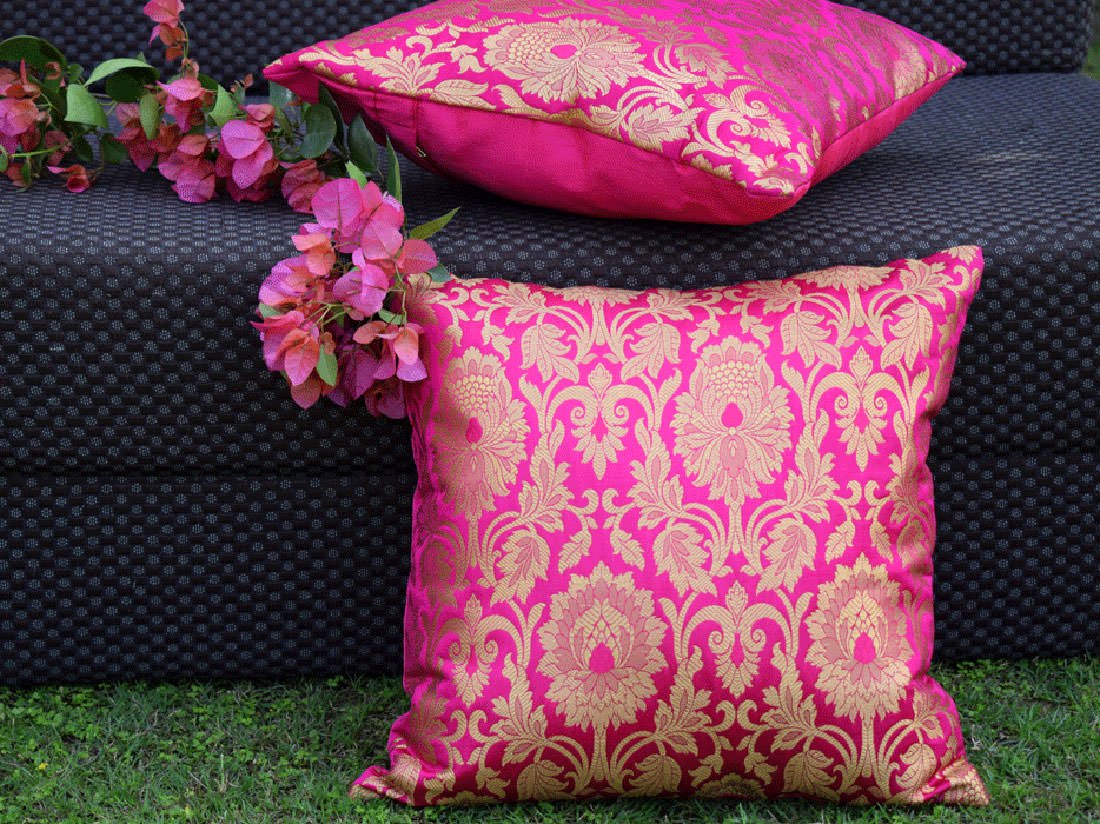 5 Piece Pure Brocade Bougainvillea Pink & Golden Classic MUGHAL BANARASI Design Diwan Set Combo - Image 5