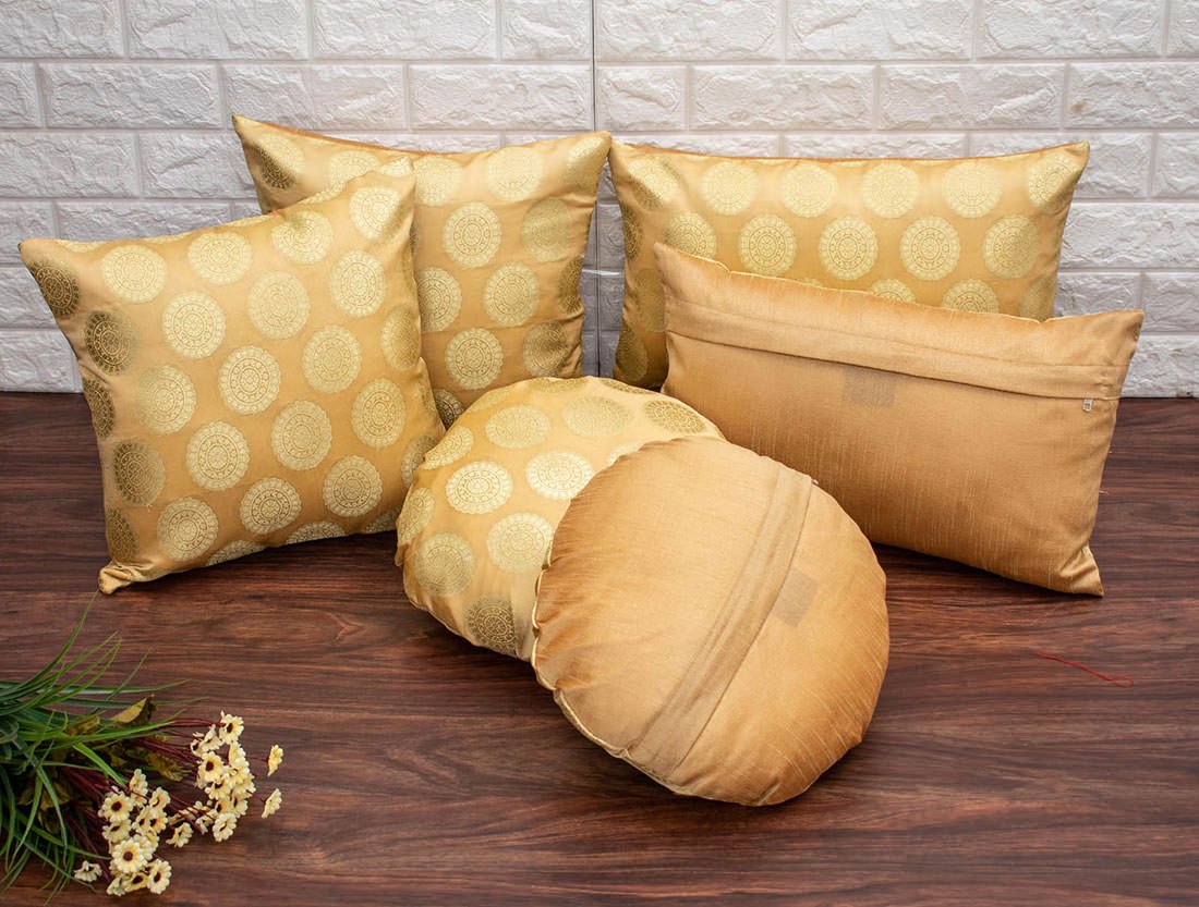 Mandala Brocade Silk Rectangular Cushion Covers (Beige & Golden) - Image 4
