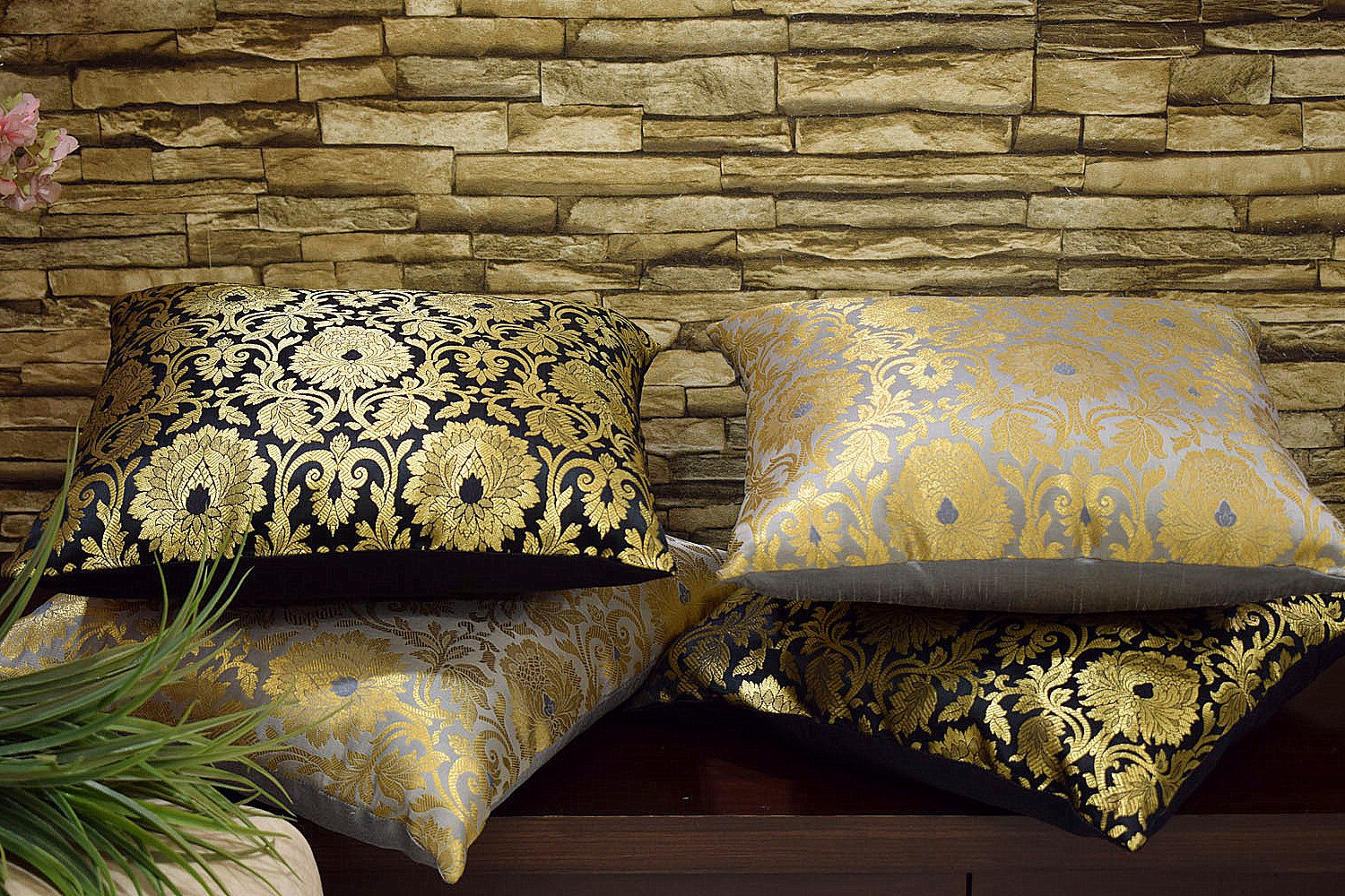MUGHAL BANARASI Brocade Cushion Covers Combo (Black & Grey) - Image 5