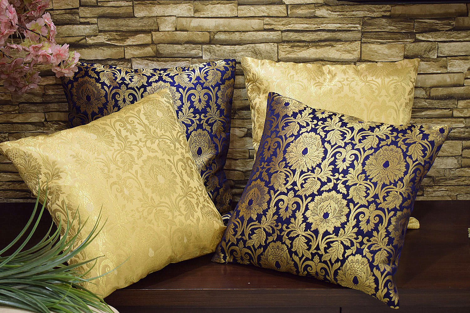 MUGHAL BANARASI Brocade Cushion Covers Combo (Marigold & Blue) - Image 5