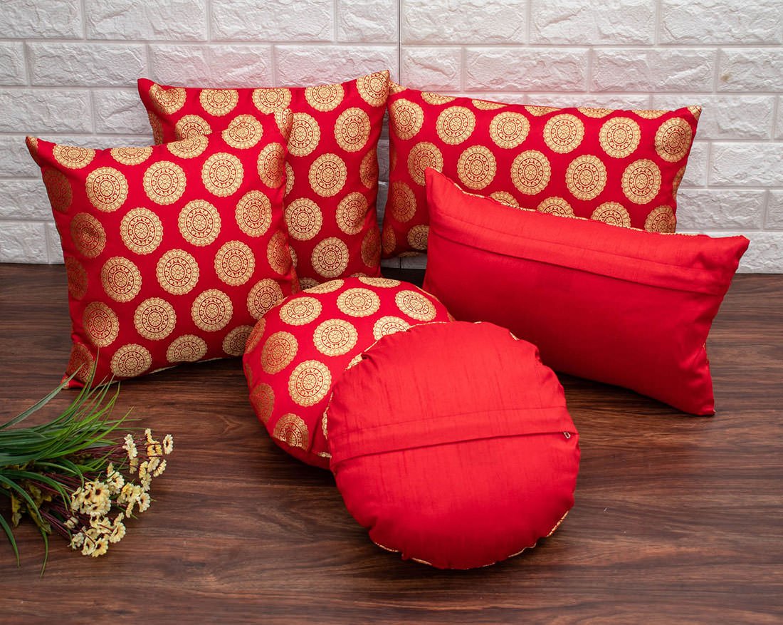 Mandala Brocade Silk Rectangular Cushion Covers (Red & Golden) - Image 4