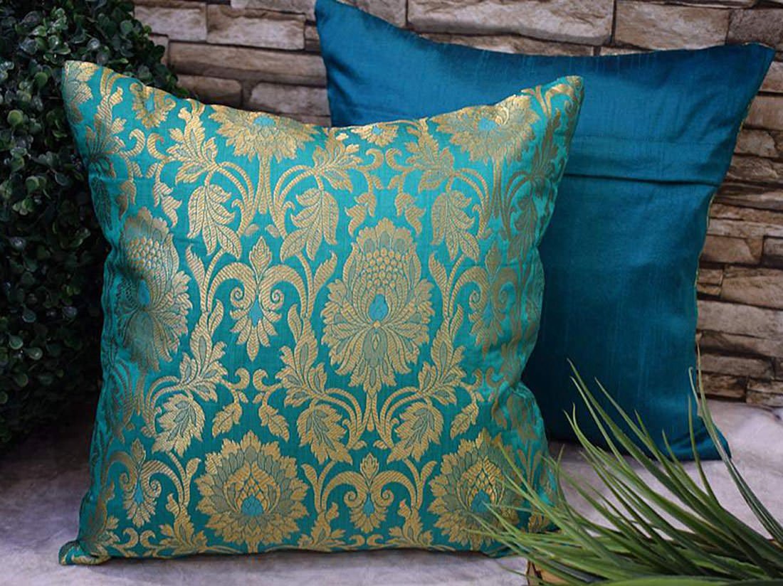 5 Piece Pure Brocade Turquoise Green & Golden Classic MUGHAL BANARASI Design Diwan Set Combo - Image 5