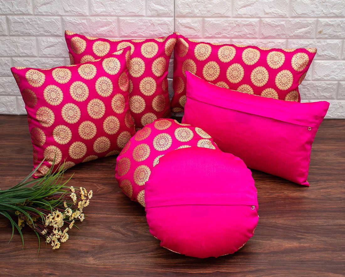 Mandala Brocade Silk Rectangular Cushion Covers (Magenta & Golden) - Image 4