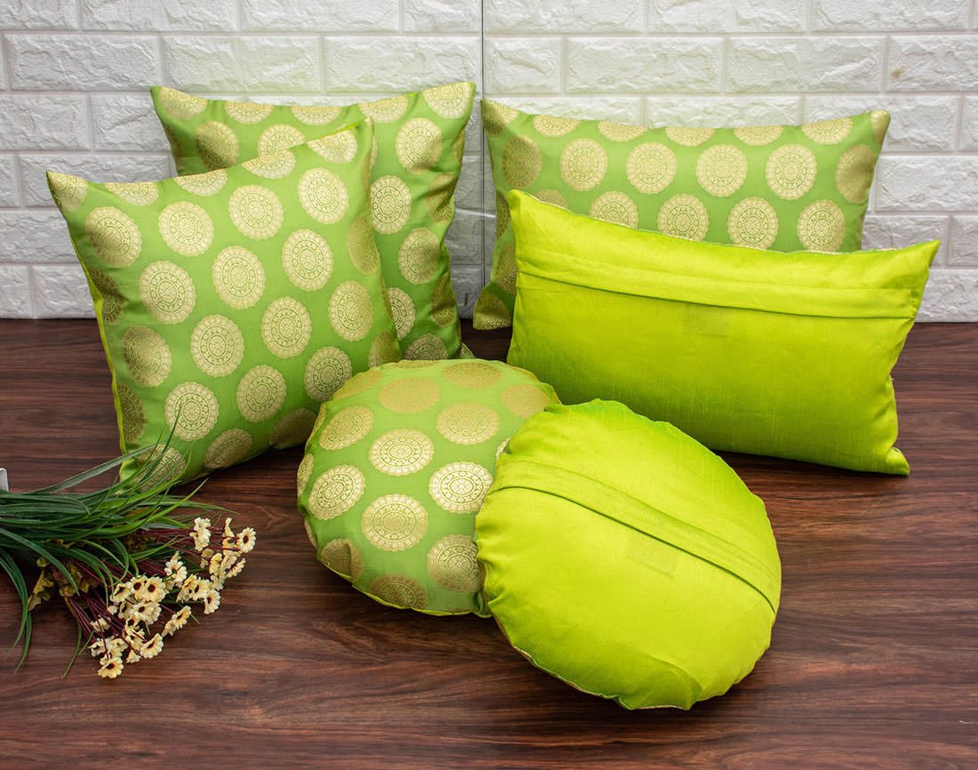 Mandala Brocade Silk Cushion Covers (Green & Golden) - Image 4