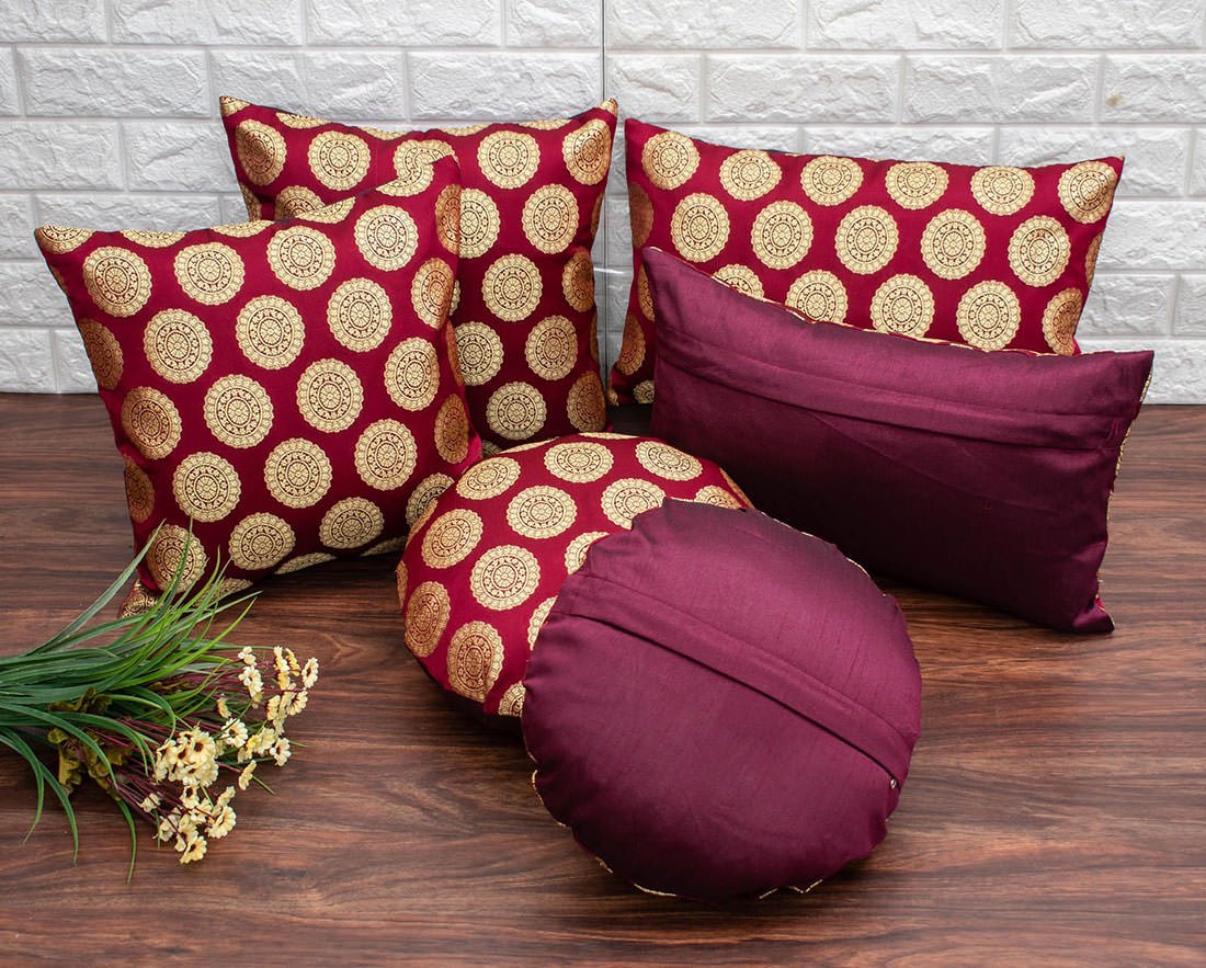 Mandala Brocade Silk Cushion Covers (Maroon & Golden) - Image 4