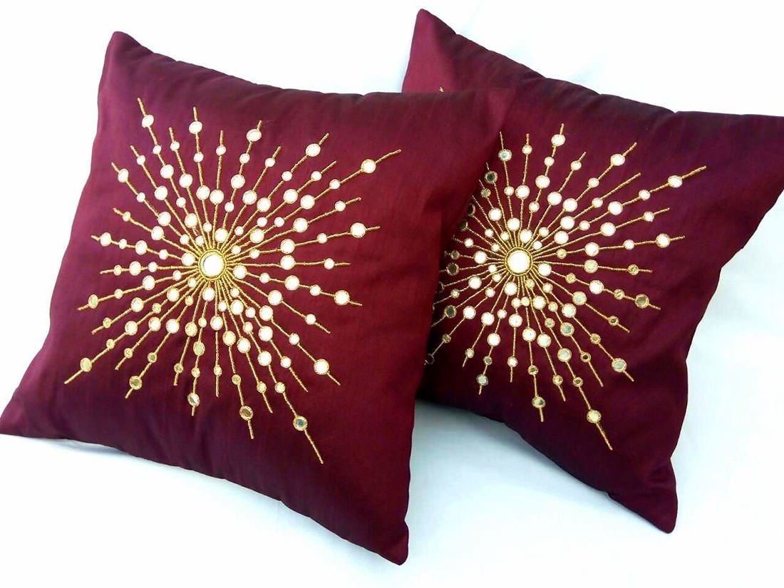 Hand Embroidered Big Bang Sparkling Rays Mirror Work Royal Wine Cushion Covers - Image 5