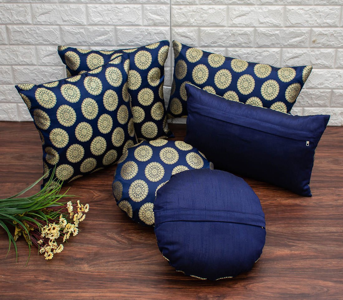 Mandala Brocade Silk Cushion Covers (Navy Blue & Golden) - Image 4