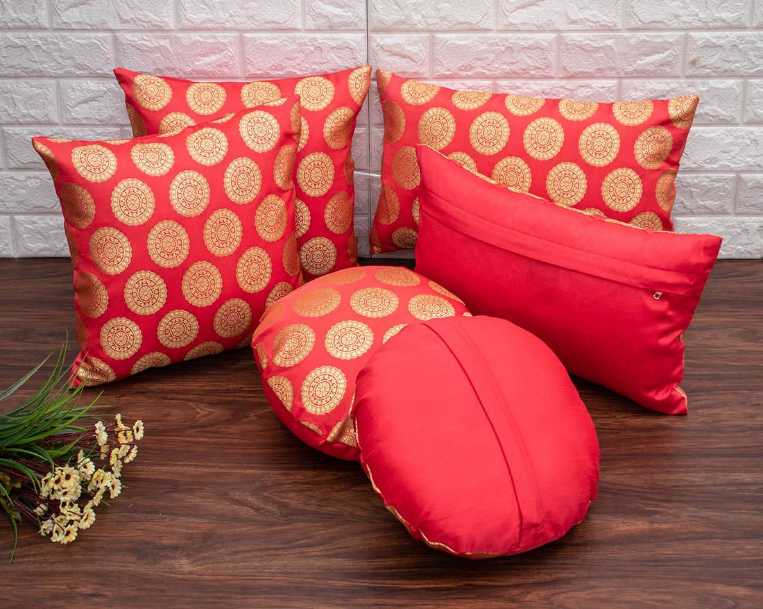 Mandala Brocade Silk Cushion Covers (Peach & Golden) - Image 4