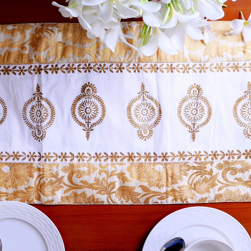 Mughal Banarasi Gardish Block Printed Table Runner - White - Image 4