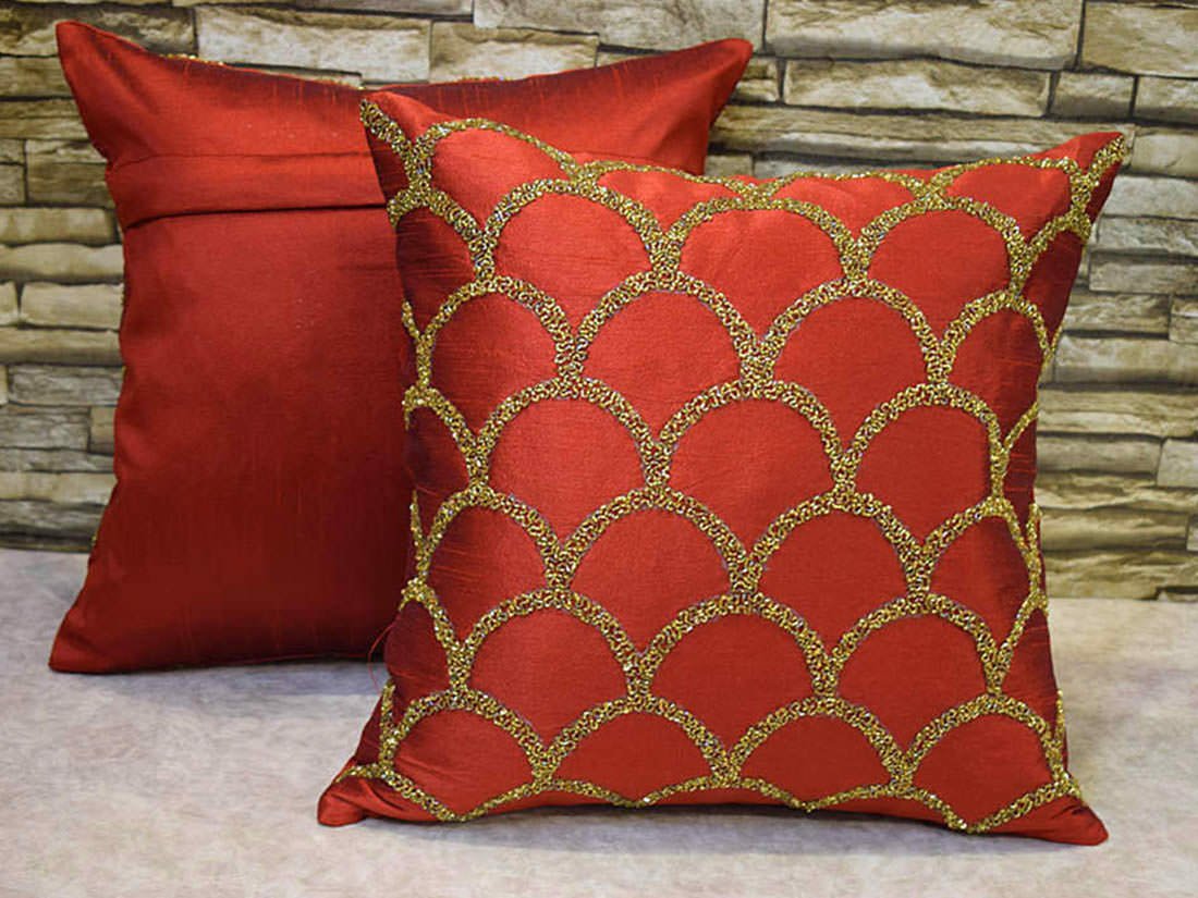 Criss Cross Hand Embroidered Moroccan Gold Embellished Maroon Cushion Covers - Image 5