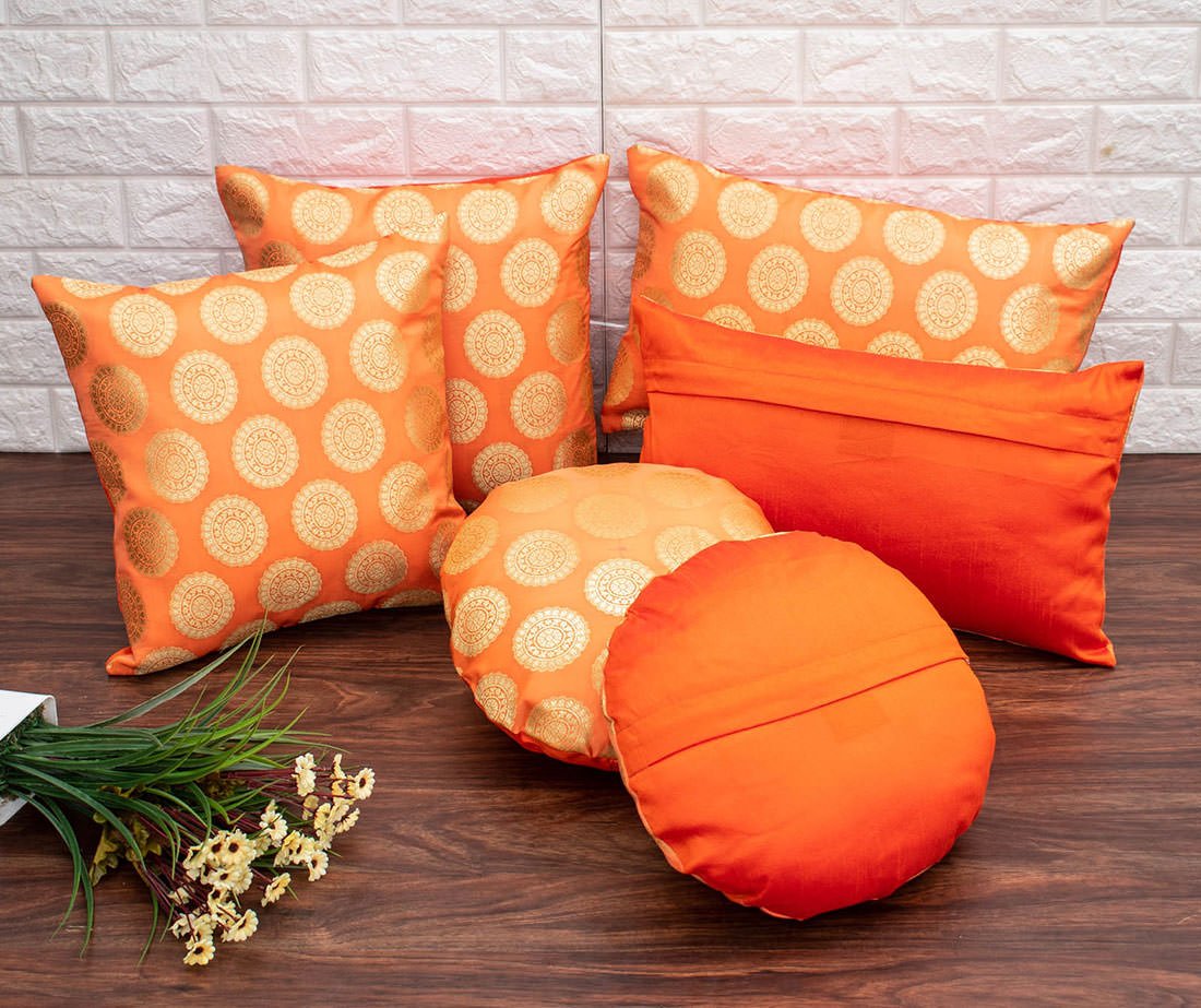 Mandala Brocade Silk Cushion Covers (Orange & Golden) - Image 4