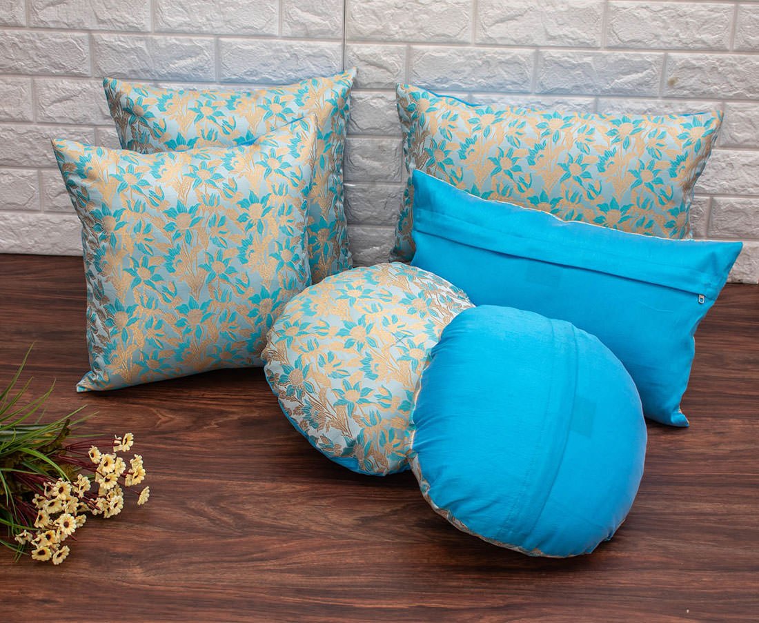 Sky Blue Bageecha Floral Brocade Silk Cushion Covers - Image 4