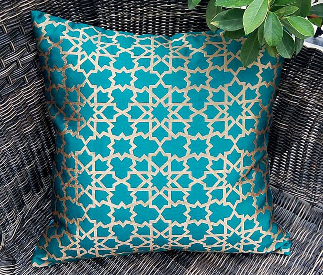 Premium Quality Teal Green & Golden Brocade Geometric Design Cushion Covers - Image 5