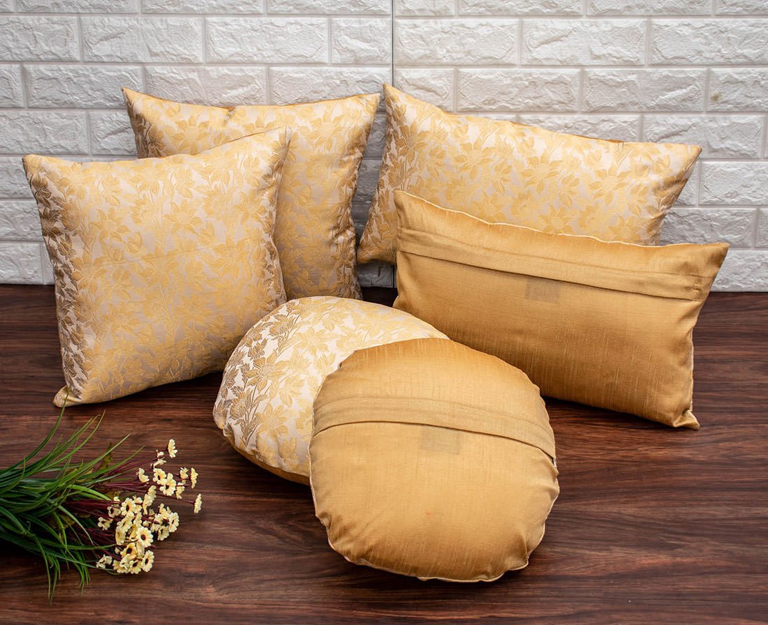 Beige Bageecha Floral Brocade Silk Cushion Covers - Image 4