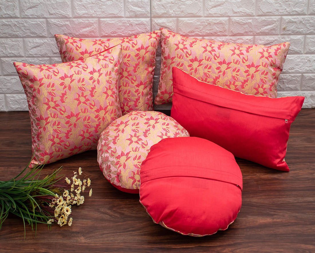 Coral Bageecha Floral Brocade Silk Cushion Covers - Image 4