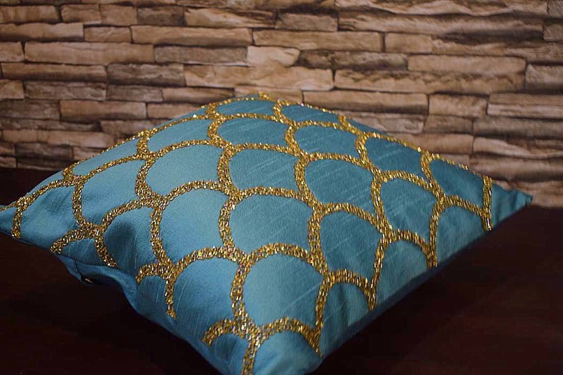 Criss Cross Hand Embroidered Moroccan Gold Embellished Mint Green Cushion Covers - Image 5